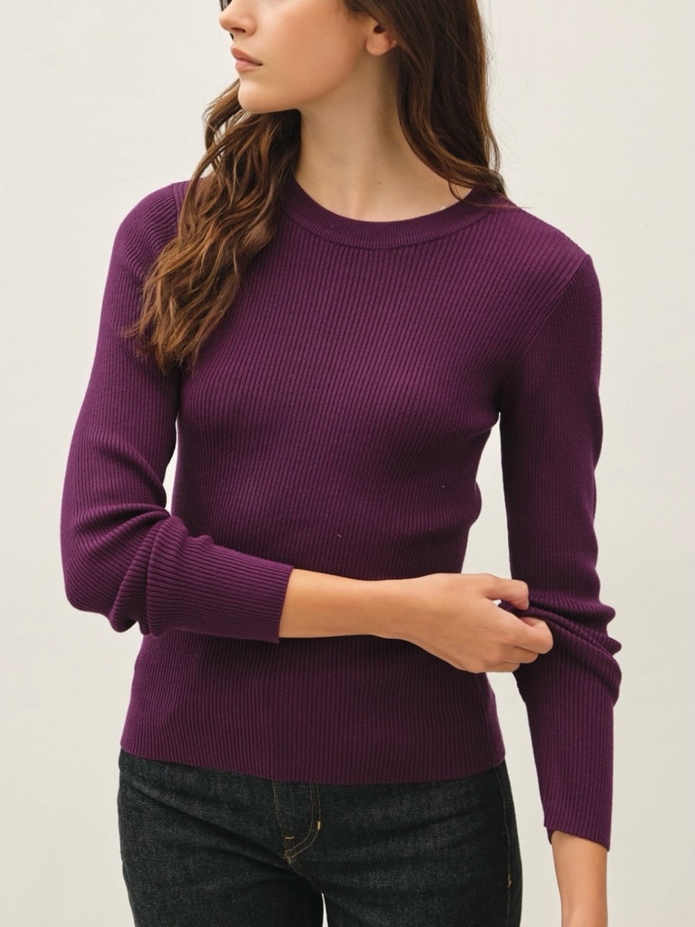 BE COOL Women's Purple Ribbed Crewneck Sweater